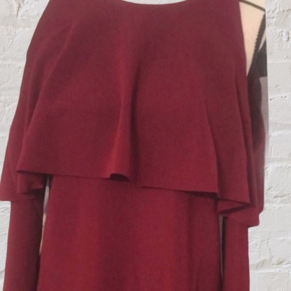 WINE COLD SHOULDER RUFFLED CHEST OVERLAY DRESS - Picture 4 of 8